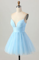 Load image into Gallery viewer, Sky Blue A Line Tulle Spaghetti Straps Short Homecoming Dress