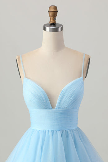 Sky Blue A Line Tulle Spaghetti Straps Short Homecoming Dress