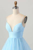 Load image into Gallery viewer, Sky Blue A Line Tulle Spaghetti Straps Short Homecoming Dress