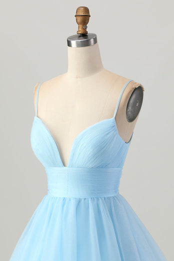 Sky Blue A Line Tulle Spaghetti Straps Short Homecoming Dress
