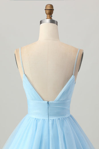 Sky Blue A Line Tulle Spaghetti Straps Short Homecoming Dress