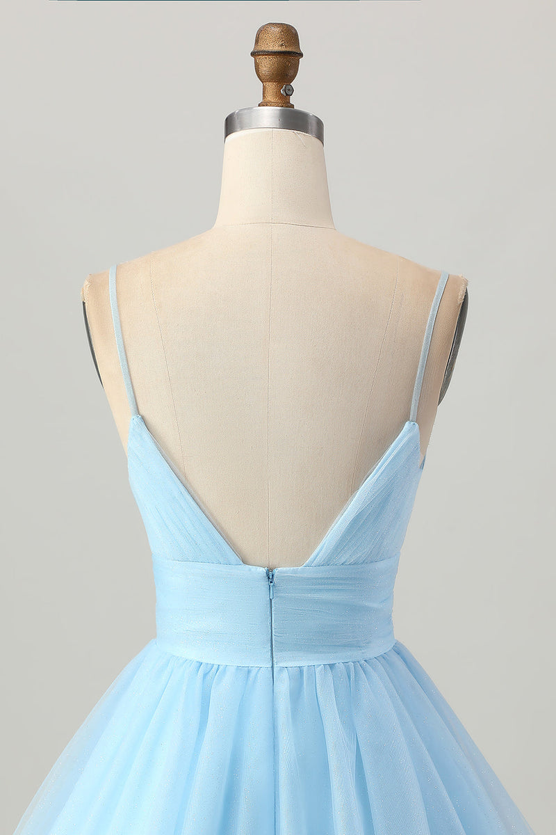 Load image into Gallery viewer, Sky Blue A Line Tulle Spaghetti Straps Short Homecoming Dress