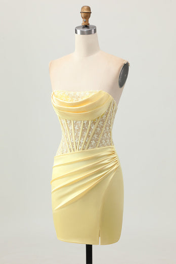 Yellow Tight Strapless Short Corset Homecoming Dress with Lace