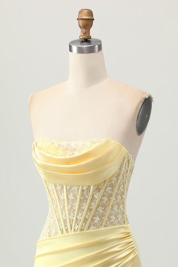 Yellow Tight Strapless Short Corset Homecoming Dress with Lace