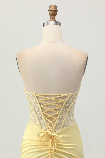 Yellow Tight Strapless Short Corset Homecoming Dress with Lace