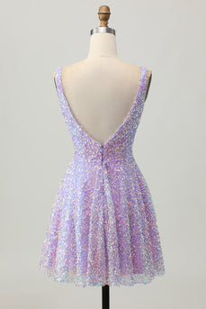 Sparkly Lilac A Line Sequins V-Neck Short Homecoming Dress