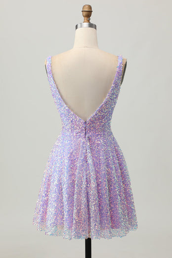 Sparkly Lilac A Line Sequins V-Neck Short Homecoming Dress