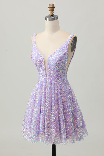 Sparkly Lilac A Line Sequins V-Neck Short Homecoming Dress