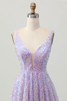 Load image into Gallery viewer, Sparkly Lilac A Line Sequins V-Neck Short Homecoming Dress