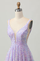 Load image into Gallery viewer, Sparkly Lilac A Line Sequins V-Neck Short Homecoming Dress