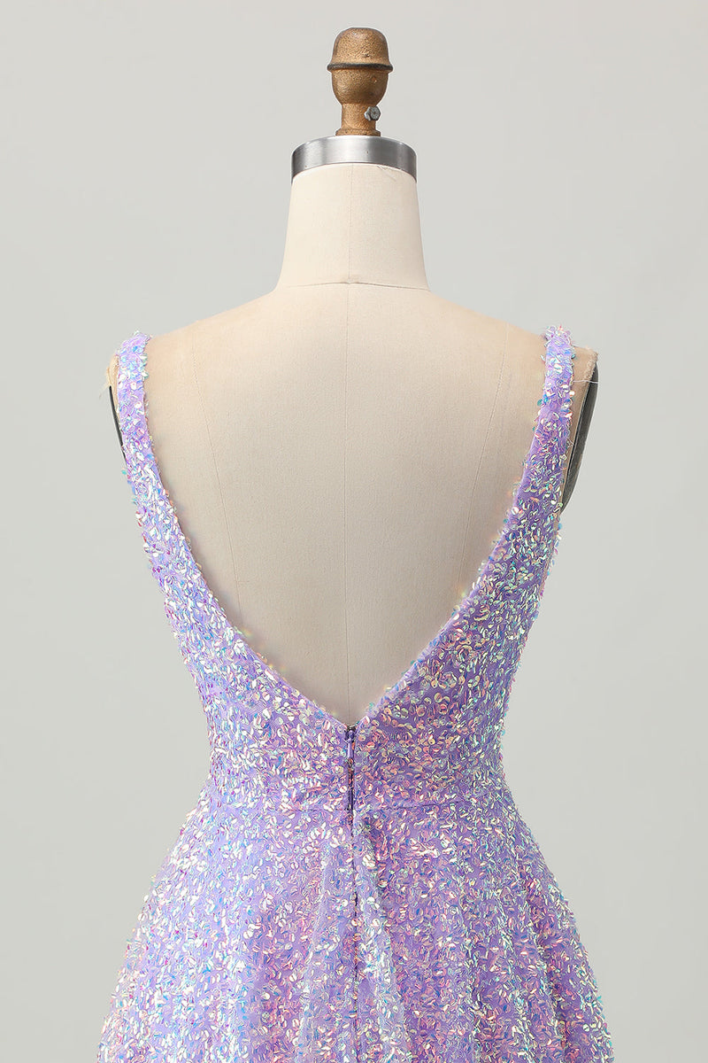 Load image into Gallery viewer, Sparkly Lilac A Line Sequins V-Neck Short Homecoming Dress