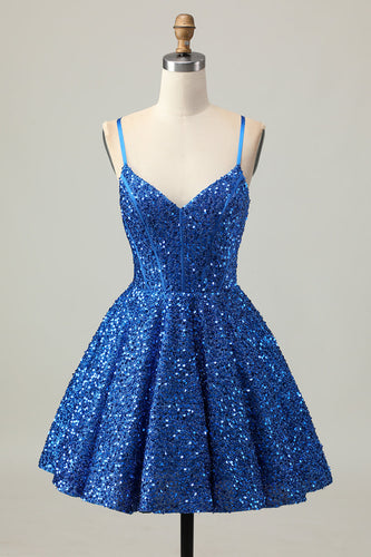 Sparkly Dark Blue Sequins A Line Short Corset Homecoming Dress