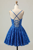 Load image into Gallery viewer, Sparkly Dark Blue Sequins A Line Short Corset Homecoming Dress