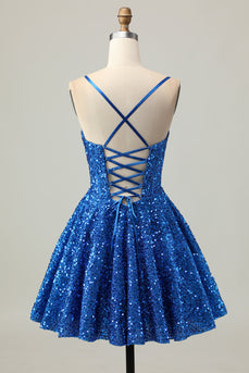 Sparkly Dark Blue Sequins A Line Short Corset Homecoming Dress