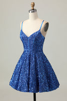 Load image into Gallery viewer, Sparkly Dark Blue Sequins A Line Short Corset Homecoming Dress