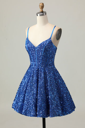 Sparkly Dark Blue Sequins A Line Short Corset Homecoming Dress