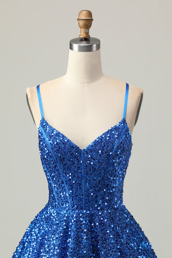 Sparkly Dark Blue Sequins A Line Short Corset Homecoming Dress