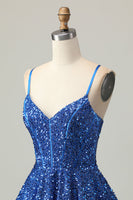 Load image into Gallery viewer, Sparkly Dark Blue Sequins A Line Short Corset Homecoming Dress