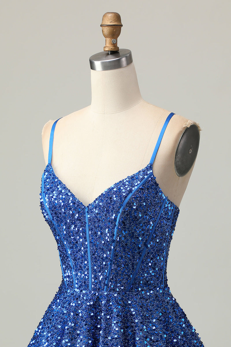 Load image into Gallery viewer, Sparkly Dark Blue Sequins A Line Short Corset Homecoming Dress