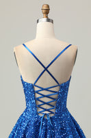Load image into Gallery viewer, Sparkly Dark Blue Sequins A Line Short Corset Homecoming Dress