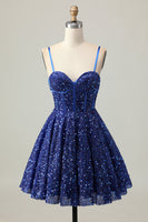 Load image into Gallery viewer, Sparkly Dark Blue A Line Sequins Short Corset Homecoming Dress