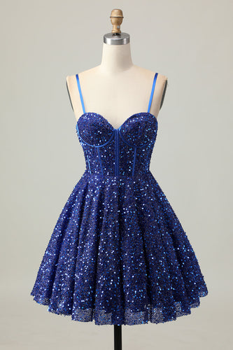 Sparkly Dark Blue A Line Sequins Short Corset Homecoming Dress