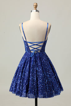 Sparkly Dark Blue A Line Sequins Short Corset Homecoming Dress