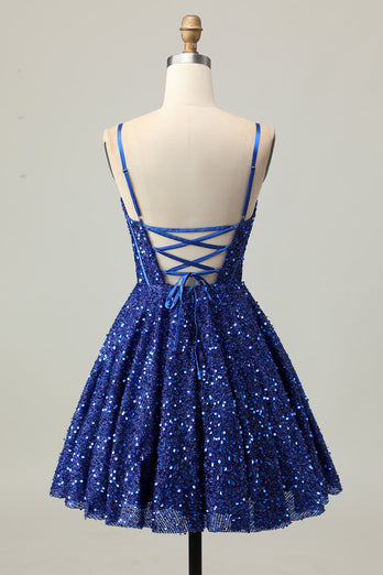 Sparkly Dark Blue A Line Sequins Short Corset Homecoming Dress