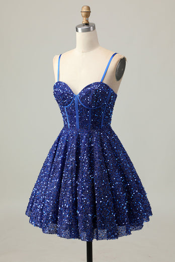 Sparkly Dark Blue A Line Sequins Short Corset Homecoming Dress