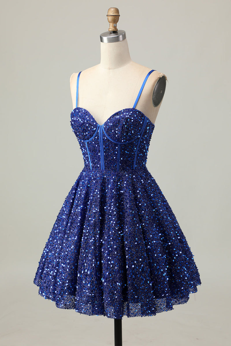 Load image into Gallery viewer, Sparkly Dark Blue A Line Sequins Short Corset Homecoming Dress