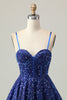 Load image into Gallery viewer, Sparkly Dark Blue A Line Sequins Short Corset Homecoming Dress