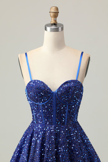 Sparkly Dark Blue A Line Sequins Short Corset Homecoming Dress