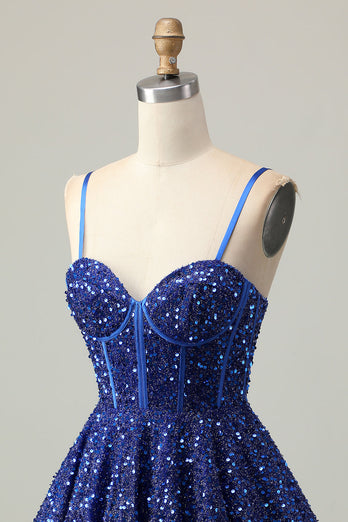 Sparkly Dark Blue A Line Sequins Short Corset Homecoming Dress