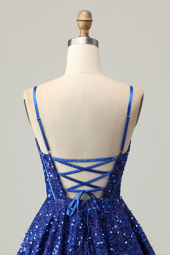 Sparkly Dark Blue A Line Sequins Short Corset Homecoming Dress