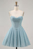 Load image into Gallery viewer, Grey Blue Spaghetti Straps A Line Short Corset Homecoming Dress