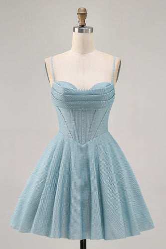 Grey Blue Spaghetti Straps A Line Short Corset Homecoming Dress