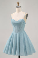 Load image into Gallery viewer, Grey Blue Spaghetti Straps A Line Short Corset Homecoming Dress