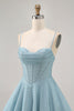 Load image into Gallery viewer, Grey Blue Spaghetti Straps A Line Short Corset Homecoming Dress