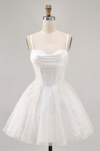 White Spaghetti Straps Short Corset Homecoming Dress with Lace