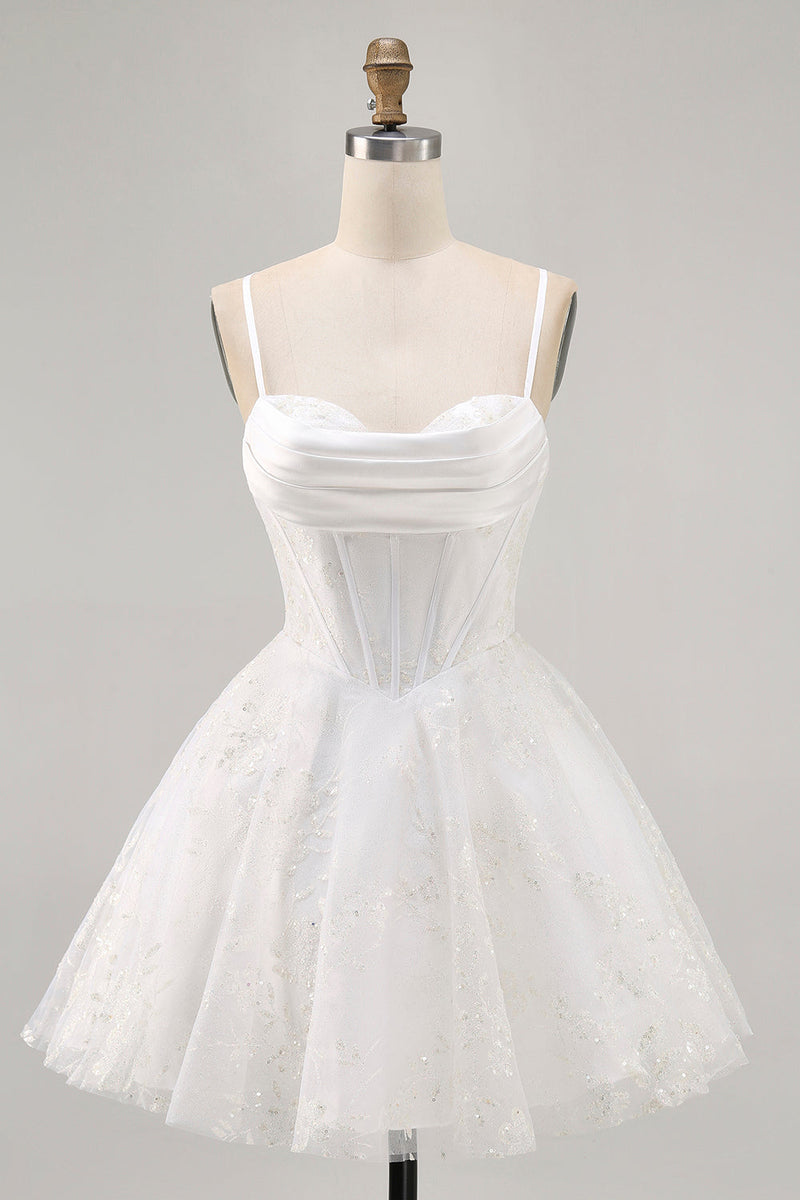 Load image into Gallery viewer, White Spaghetti Straps Short Corset Homecoming Dress with Lace