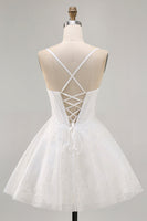 Load image into Gallery viewer, White Spaghetti Straps Short Corset Homecoming Dress with Lace