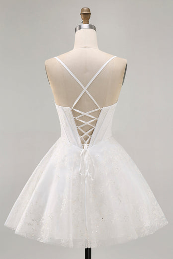 White Spaghetti Straps Short Corset Homecoming Dress with Lace