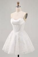 Load image into Gallery viewer, White Spaghetti Straps Short Corset Homecoming Dress with Lace