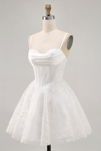 White Spaghetti Straps Short Corset Homecoming Dress with Lace