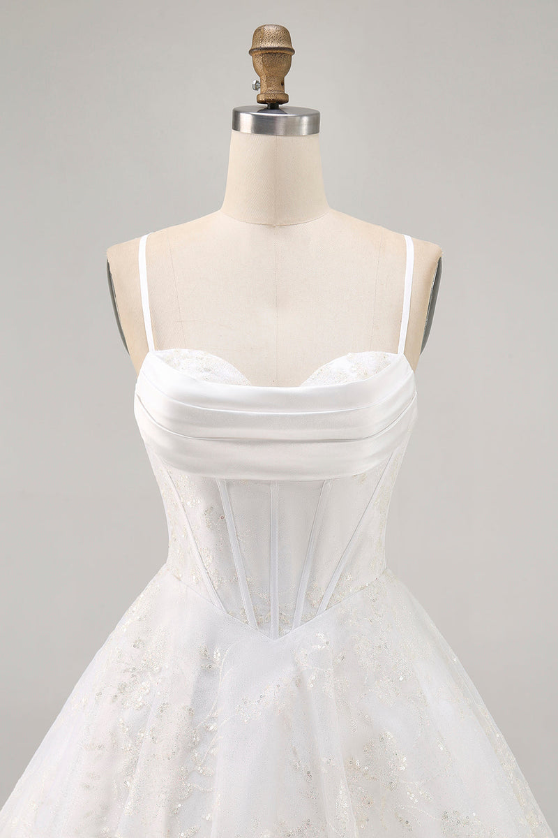 Load image into Gallery viewer, White Spaghetti Straps Short Corset Homecoming Dress with Lace