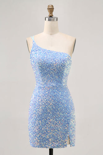 Sparkly Blue Sequins Tight One Shoulder Short Homecoming Dress