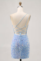 Load image into Gallery viewer, Sparkly Blue Sequins Tight One Shoulder Short Homecoming Dress