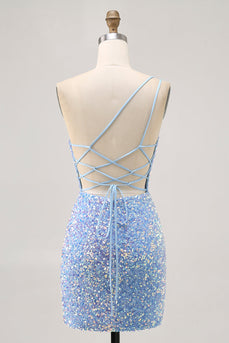 Sparkly Blue Sequins Tight One Shoulder Short Homecoming Dress