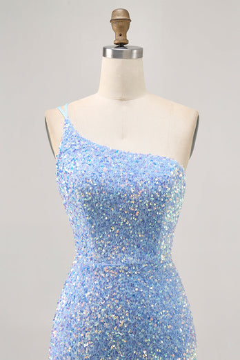 Sparkly Blue Sequins Tight One Shoulder Short Homecoming Dress