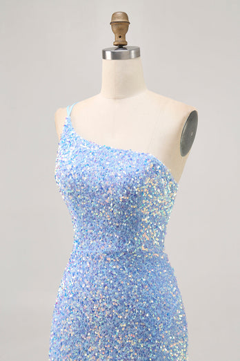 Sparkly Blue Sequins Tight One Shoulder Short Homecoming Dress